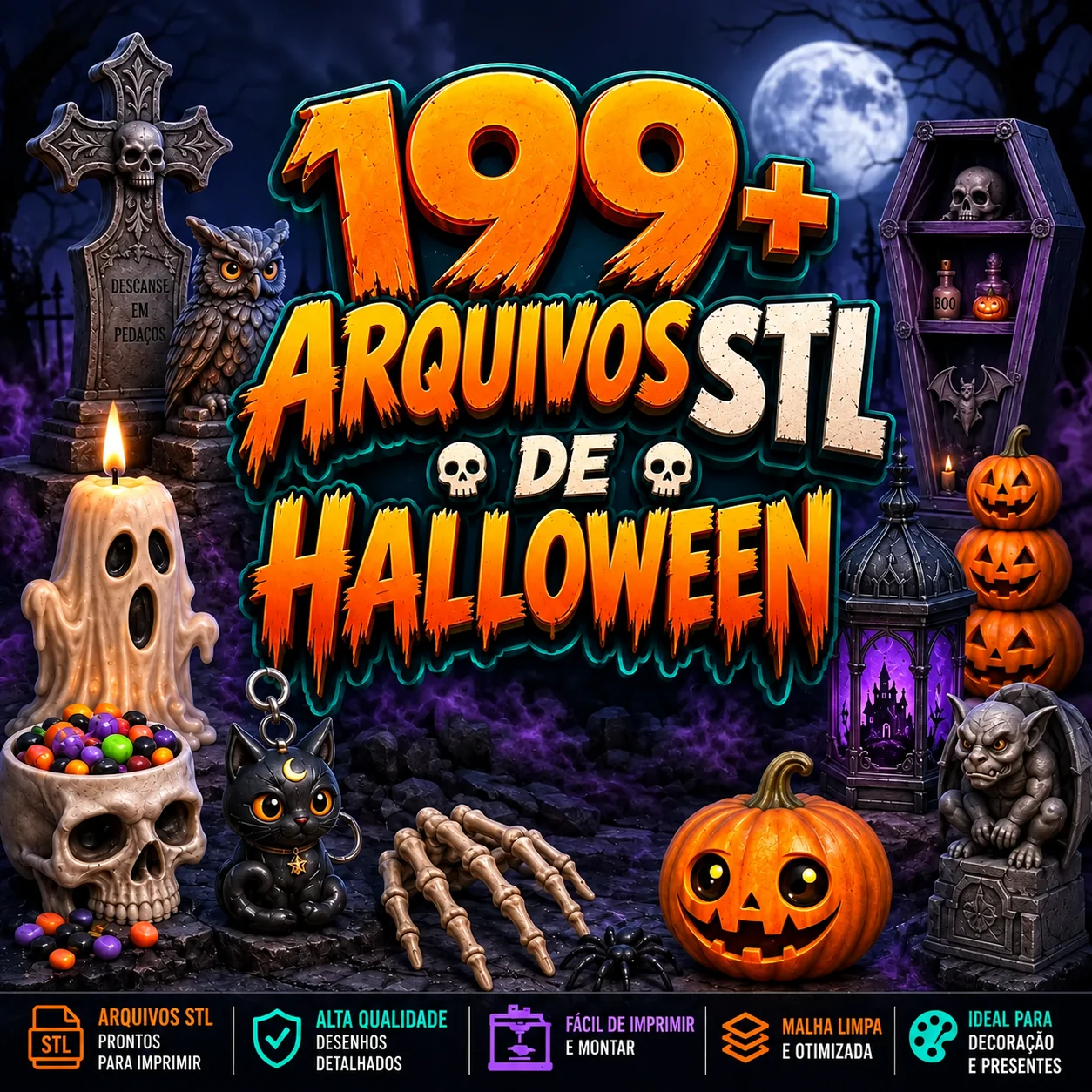 Mockup ilustrativo com modelos temáticos do pacote STL Halloween